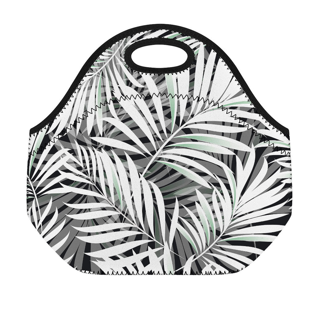Black White Tropical Leaf Pattern Print Neoprene Lunch Bag