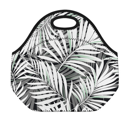 Black White Tropical Leaf Pattern Print Neoprene Lunch Bag