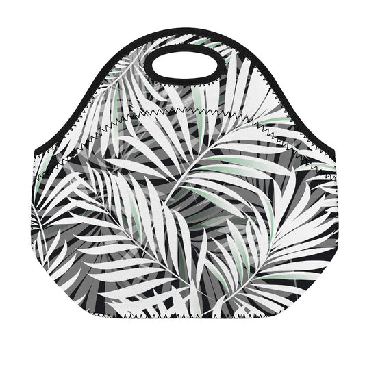 Black White Tropical Leaf Pattern Print Neoprene Lunch Bag