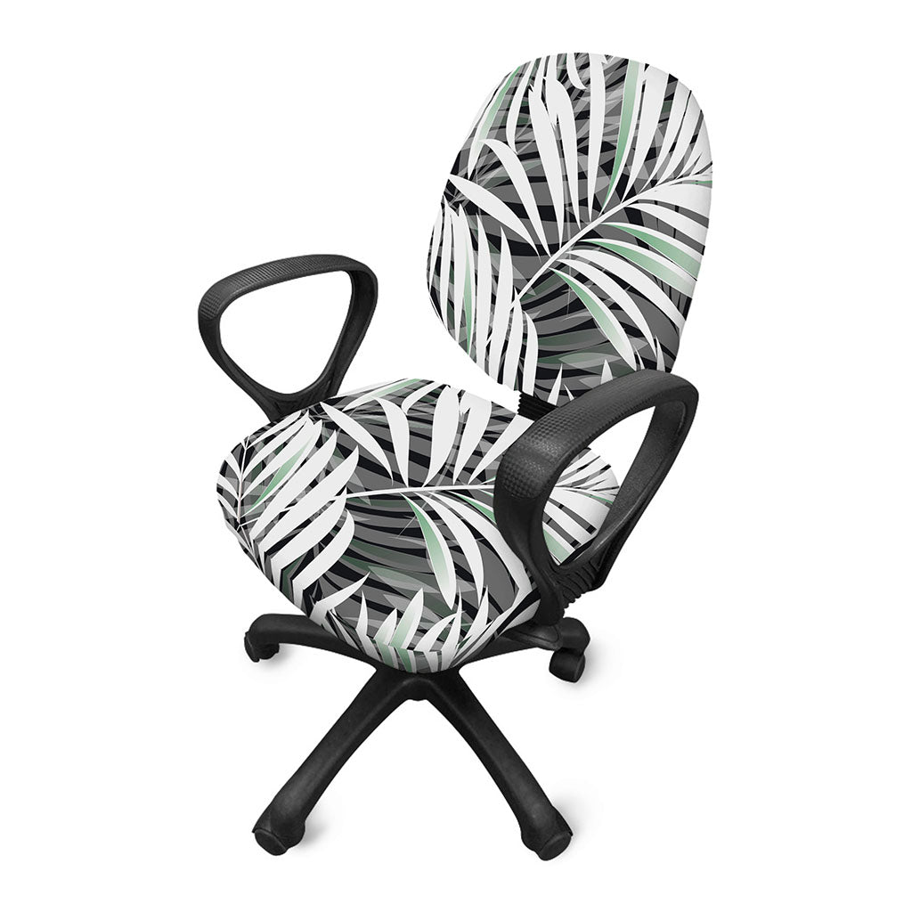 Black White Tropical Leaf Pattern Print Office Chair Cover