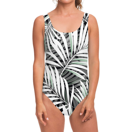 Black White Tropical Leaf Pattern Print One Piece Swimsuit