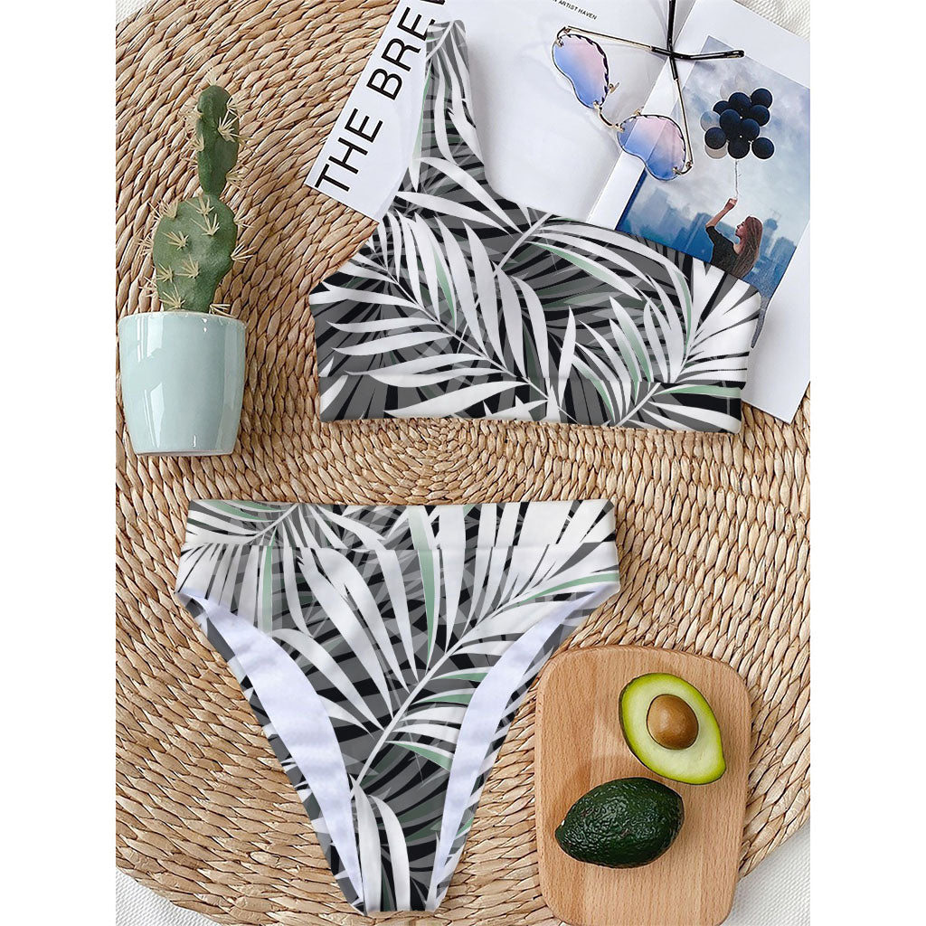 Black White Tropical Leaf Pattern Print One Shoulder Bikini Top
