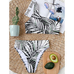 Black White Tropical Leaf Pattern Print One Shoulder Bikini Top
