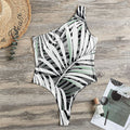Black White Tropical Leaf Pattern Print One Shoulder Bodysuit