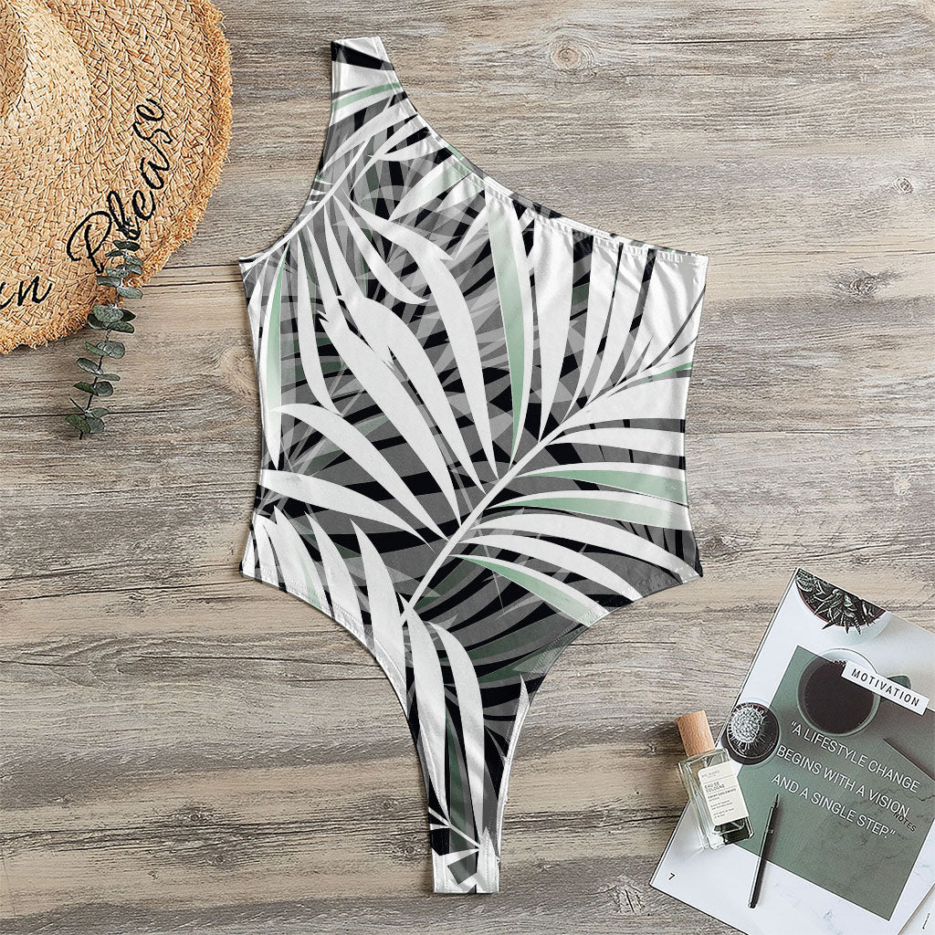 Black White Tropical Leaf Pattern Print One Shoulder Bodysuit