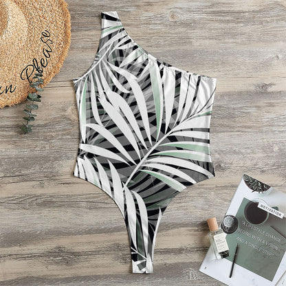 Black White Tropical Leaf Pattern Print One Shoulder Bodysuit