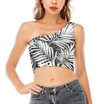Black White Tropical Leaf Pattern Print One Shoulder Crop Top