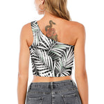 Black White Tropical Leaf Pattern Print One Shoulder Crop Top
