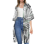 Black White Tropical Leaf Pattern Print Open Front Beach Cover Up