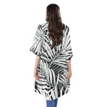 Black White Tropical Leaf Pattern Print Open Front Beach Cover Up