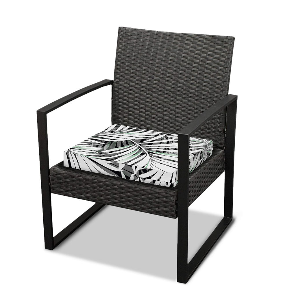 Black White Tropical Leaf Pattern Print Outdoor Seat Cushion Cover