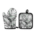 Black White Tropical Leaf Pattern Print Oven Mitt And Pot Holder Set