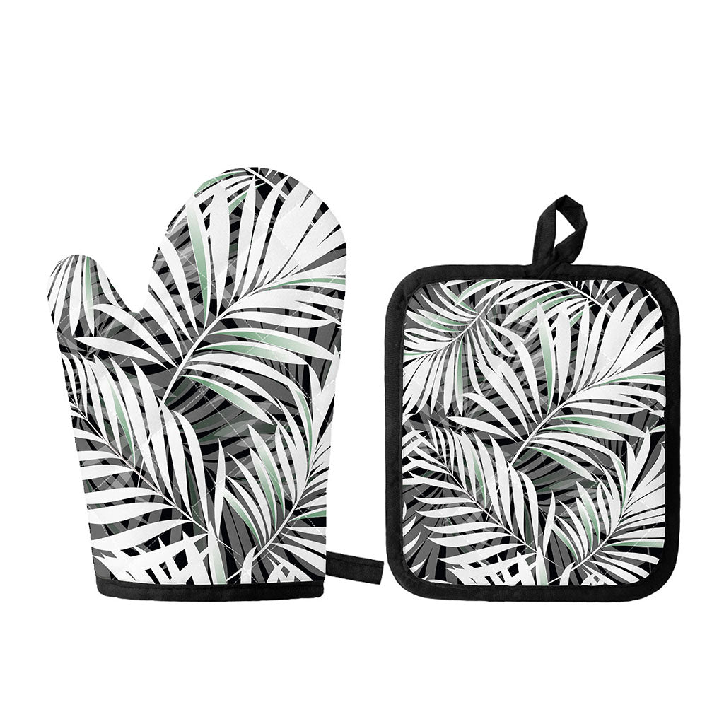 Black White Tropical Leaf Pattern Print Oven Mitt And Pot Holder Set