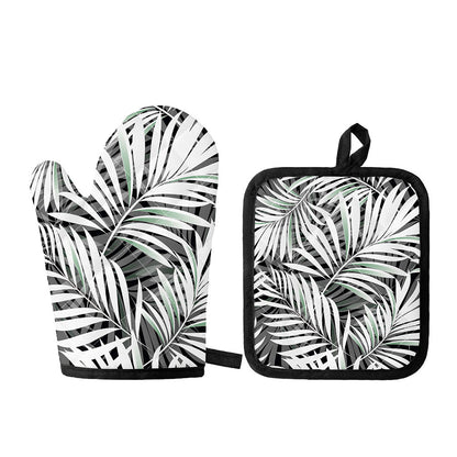 Black White Tropical Leaf Pattern Print Oven Mitt And Pot Holder Set