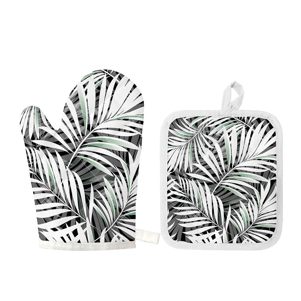 Black White Tropical Leaf Pattern Print Oven Mitt And Pot Holder Set