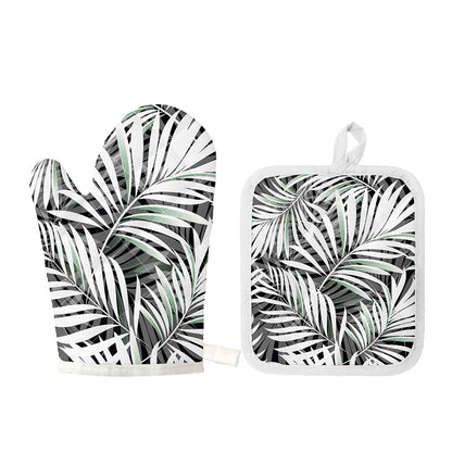 Black White Tropical Leaf Pattern Print Oven Mitt And Pot Holder Set