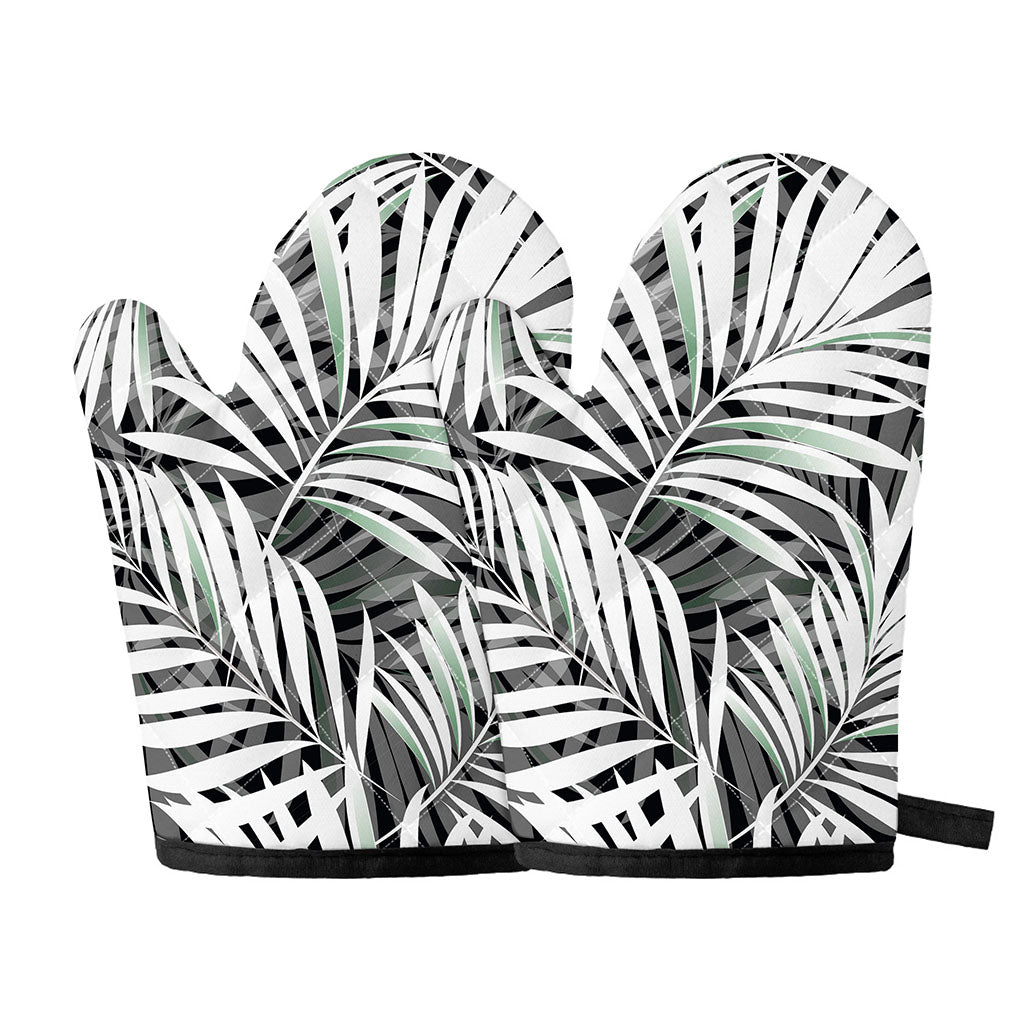 Black White Tropical Leaf Pattern Print Oven Mitts