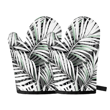 Black White Tropical Leaf Pattern Print Oven Mitts