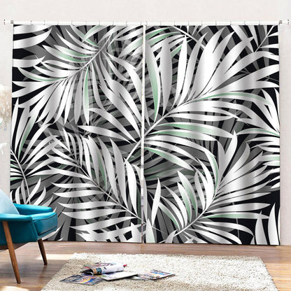Black White Tropical Leaf Pattern Print Pencil Pleat Curtains