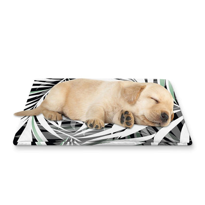Black White Tropical Leaf Pattern Print Pet Cooling Mat Cover