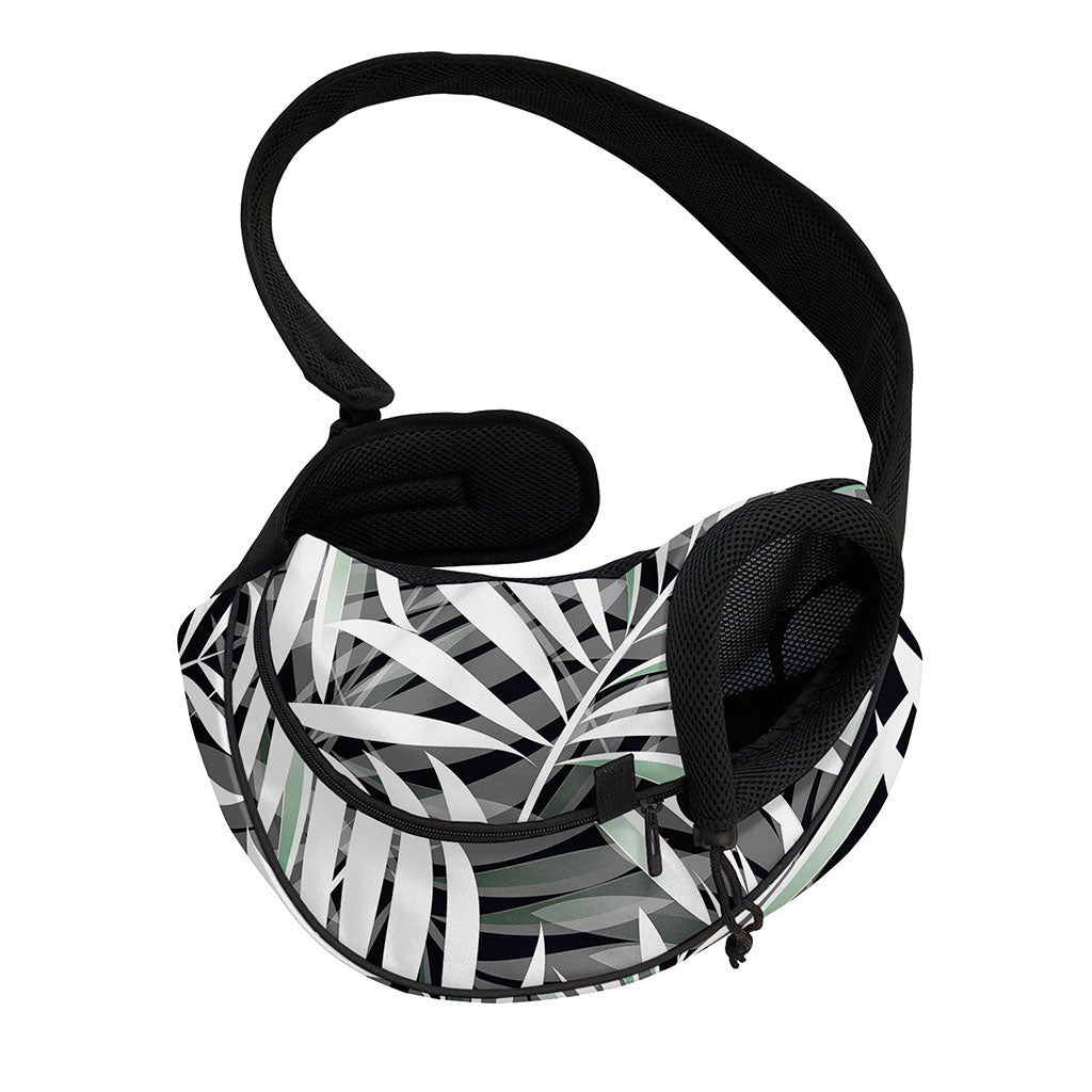 Black White Tropical Leaf Pattern Print Pet Sling Carrier