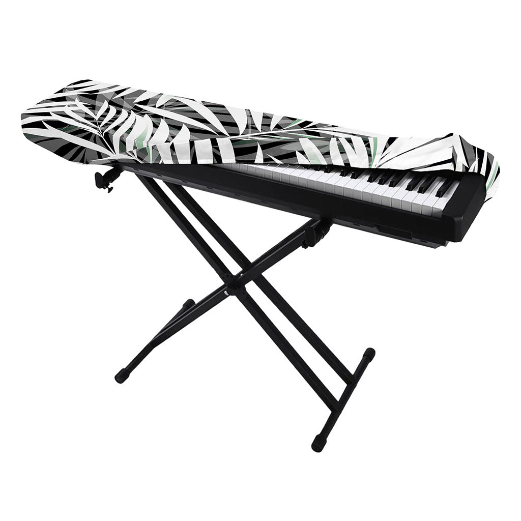 Black White Tropical Leaf Pattern Print Piano Keyboard Cover