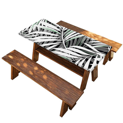 Black White Tropical Leaf Pattern Print Picnic Table Cover