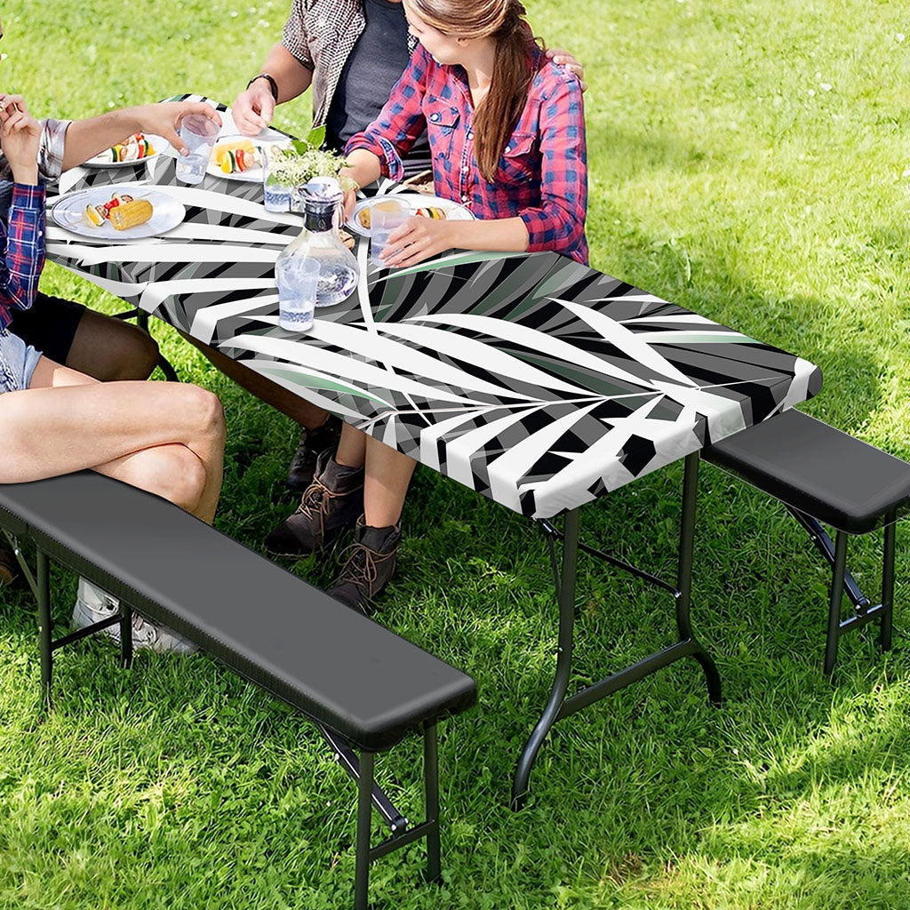 Black White Tropical Leaf Pattern Print Picnic Table Cover