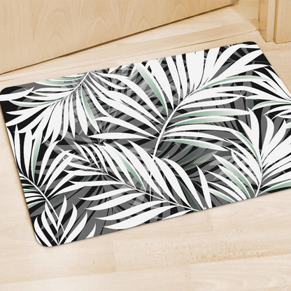 Black White Tropical Leaf Pattern Print Polyester Doormat