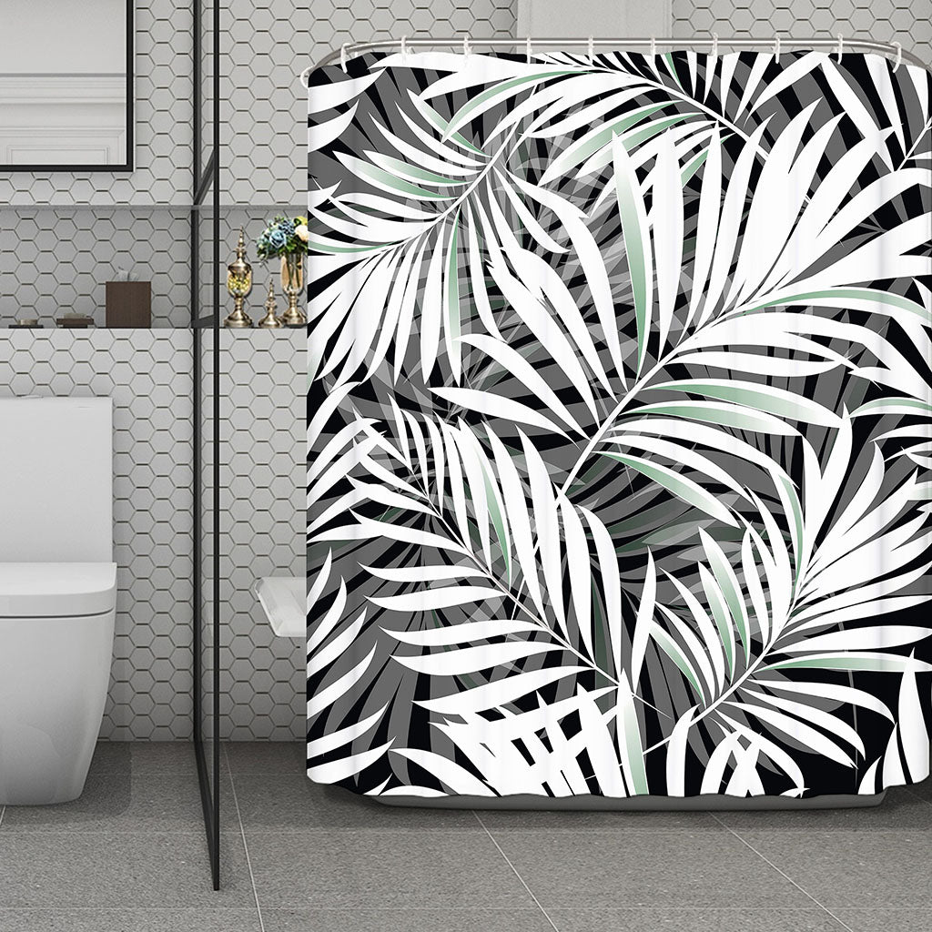 Black White Tropical Leaf Pattern Print Polyester Shower Curtain