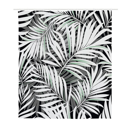 Black White Tropical Leaf Pattern Print Polyester Shower Curtain