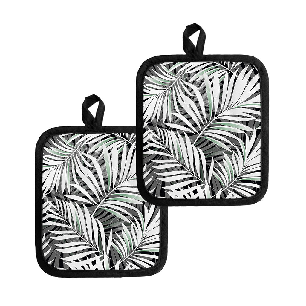 Black White Tropical Leaf Pattern Print Pot Holders