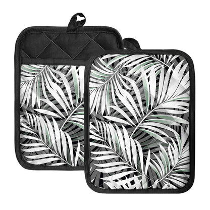 Black White Tropical Leaf Pattern Print Pot Holders With Pocket