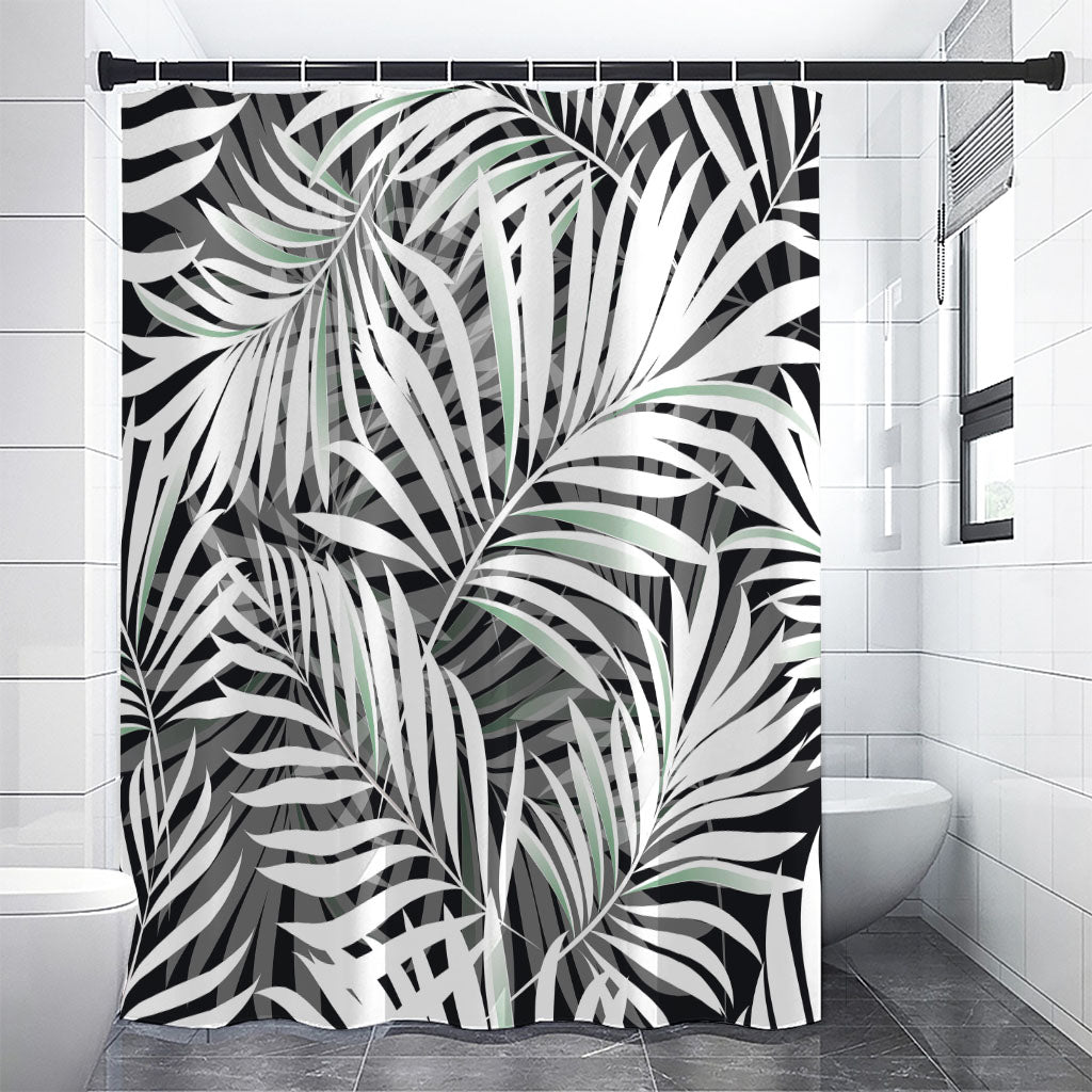Black White Tropical Leaf Pattern Print Premium Shower Curtain