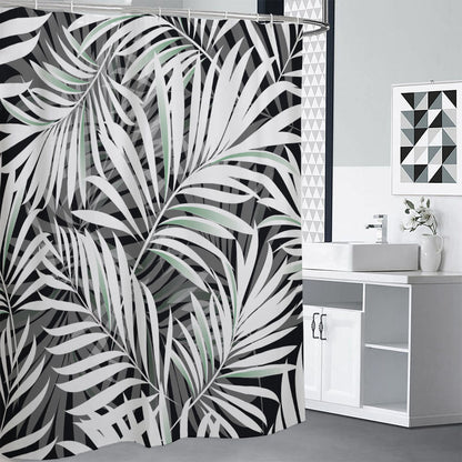 Black White Tropical Leaf Pattern Print Premium Shower Curtain