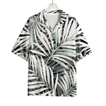 Black White Tropical Leaf Pattern Print Rayon Hawaiian Shirt