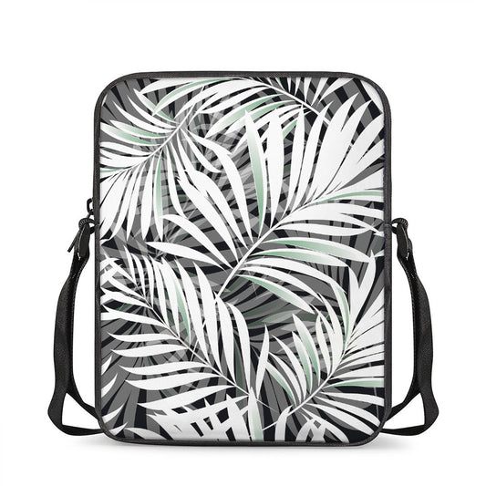 Black White Tropical Leaf Pattern Print Rectangular Crossbody Bag