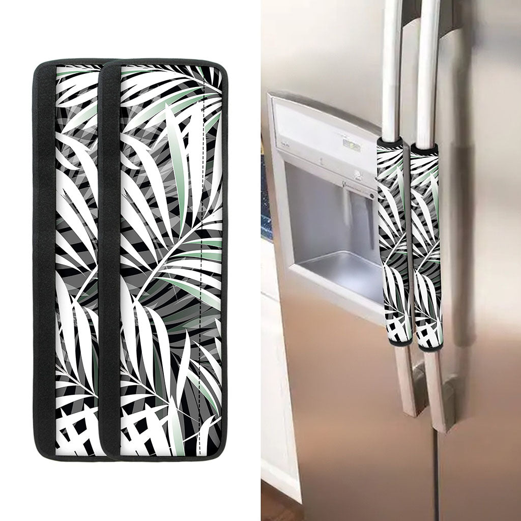 Black White Tropical Leaf Pattern Print Refrigerator Handle Covers