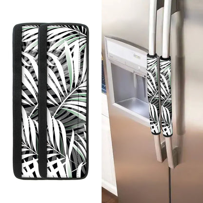 Black White Tropical Leaf Pattern Print Refrigerator Handle Covers