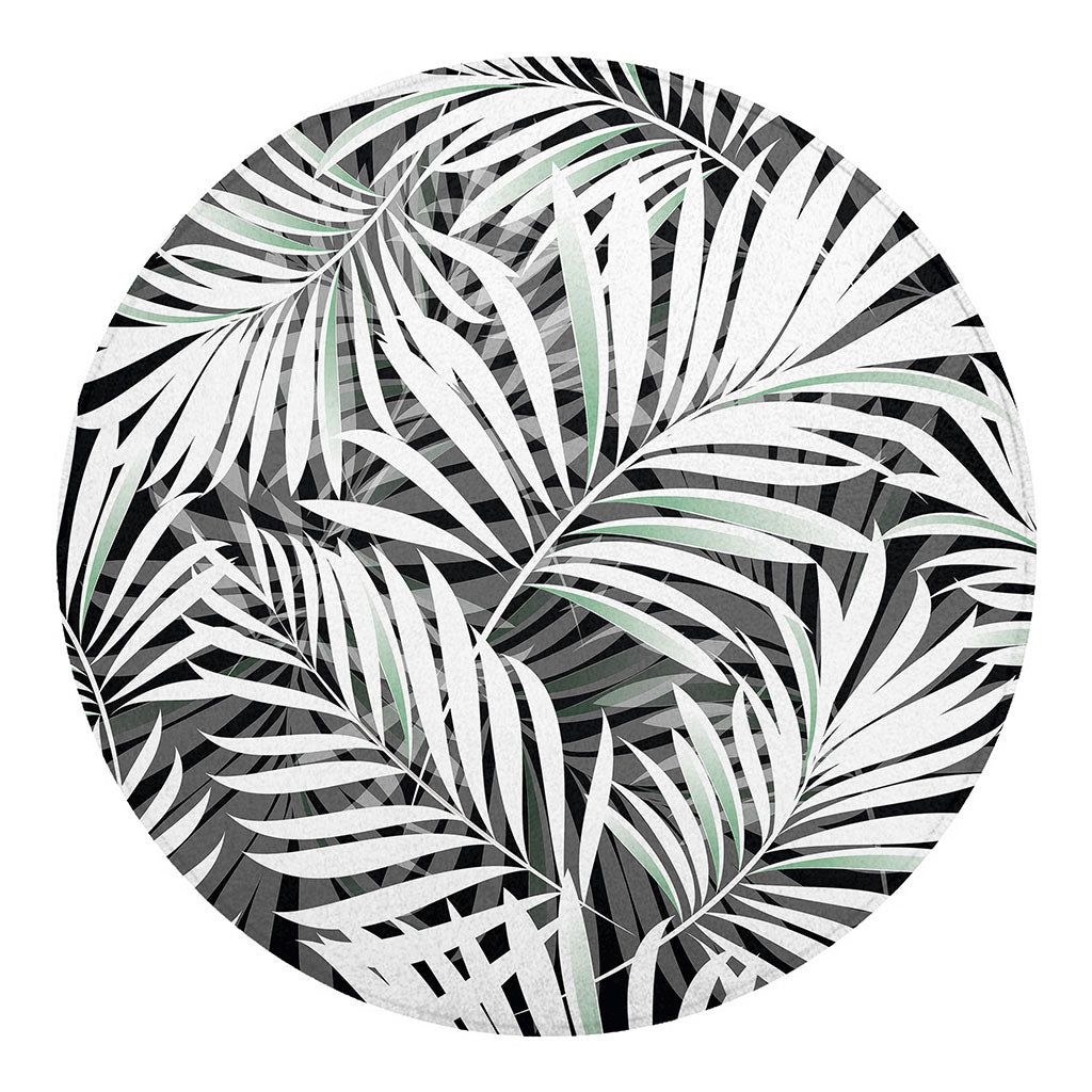 Black White Tropical Leaf Pattern Print Round Blanket