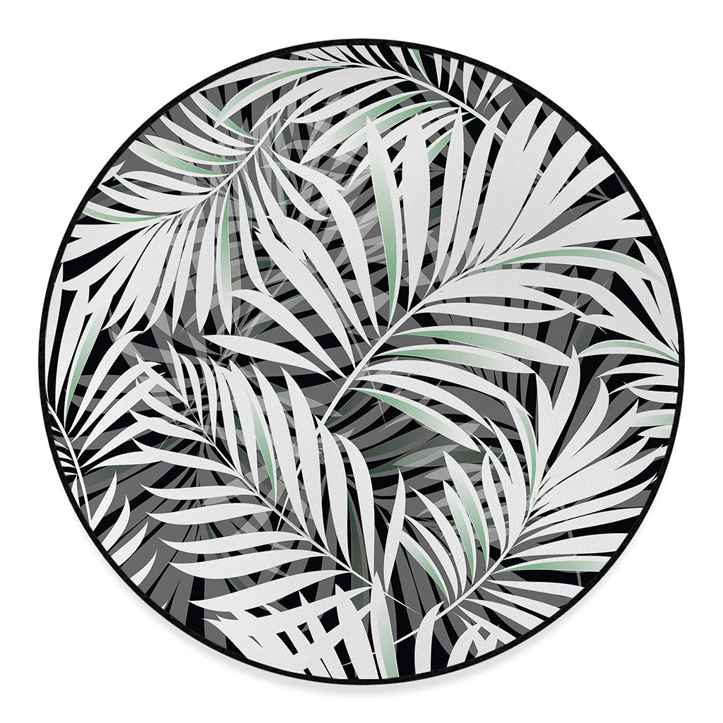 Black White Tropical Leaf Pattern Print Round Floor Mat