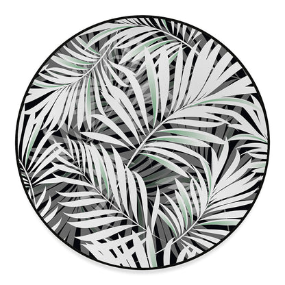 Black White Tropical Leaf Pattern Print Round Floor Mat
