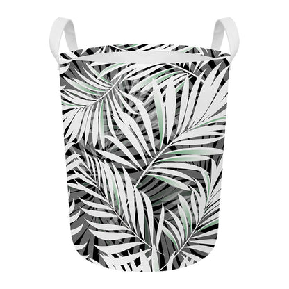 Black White Tropical Leaf Pattern Print Round Laundry Basket