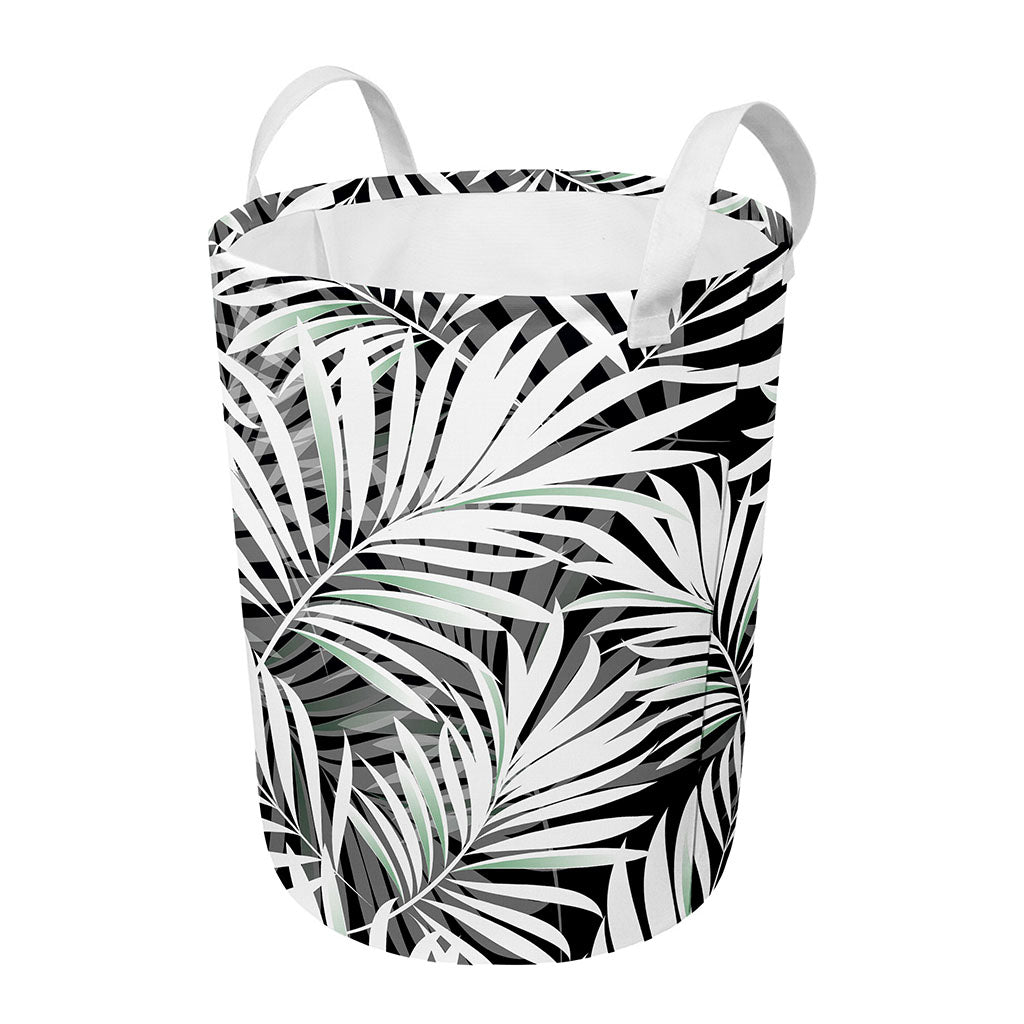 Black White Tropical Leaf Pattern Print Round Laundry Basket