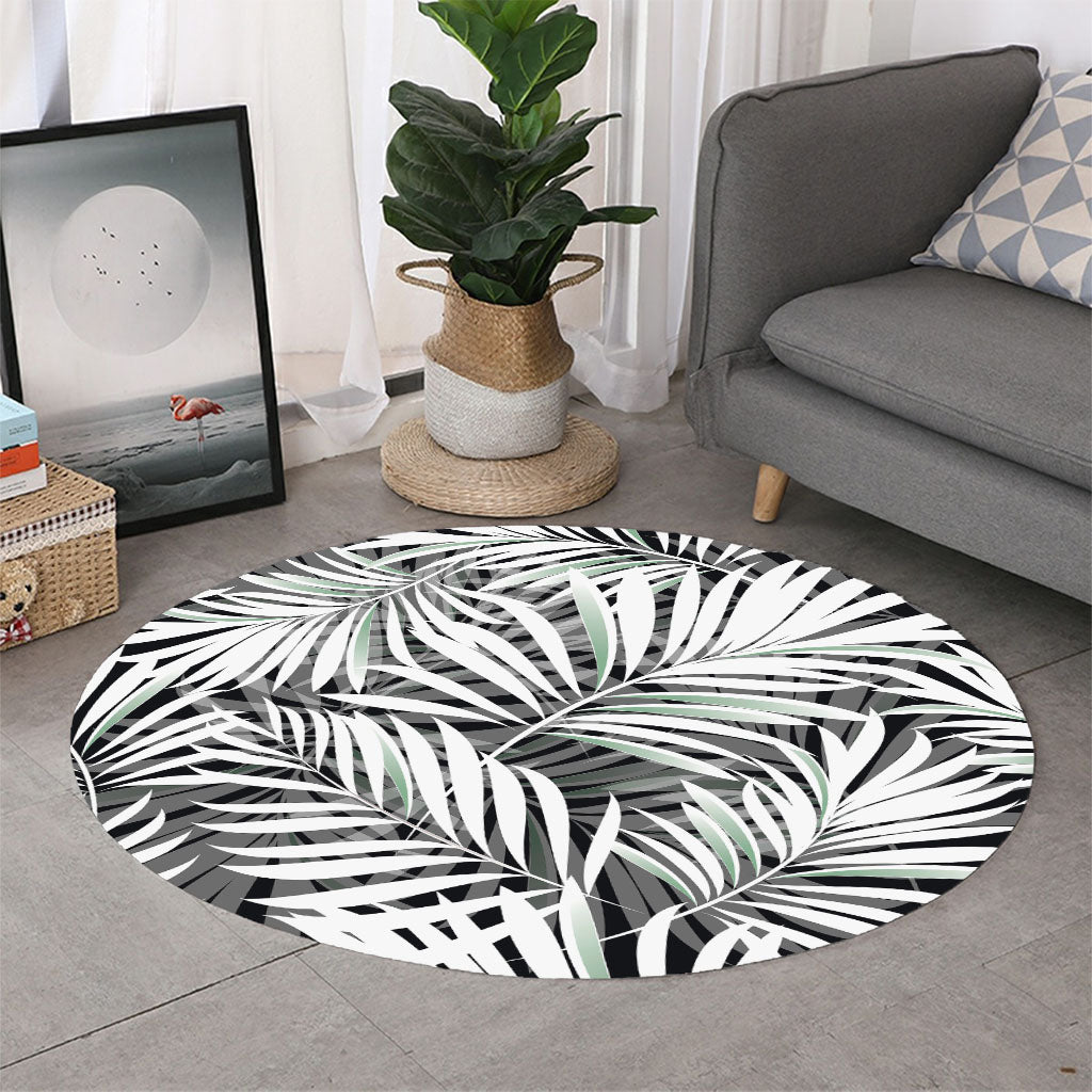 Black White Tropical Leaf Pattern Print Round Rug