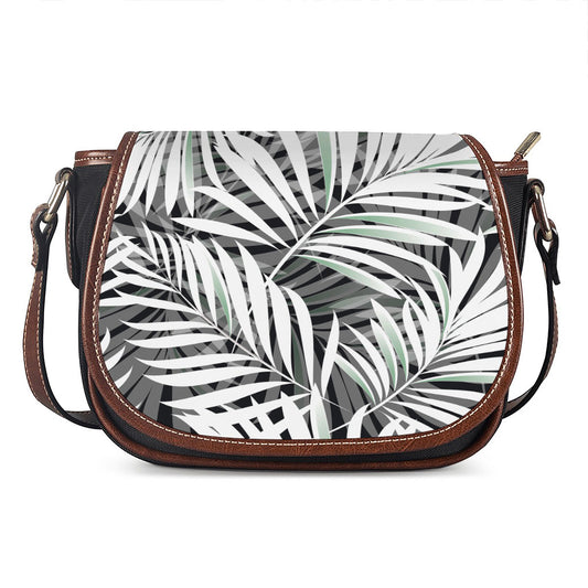Black White Tropical Leaf Pattern Print Saddle Bag