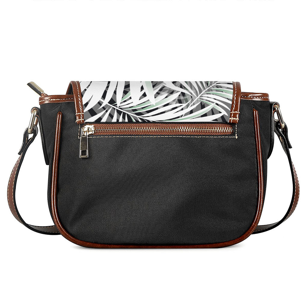 Black White Tropical Leaf Pattern Print Saddle Bag