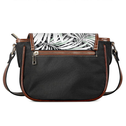 Black White Tropical Leaf Pattern Print Saddle Bag