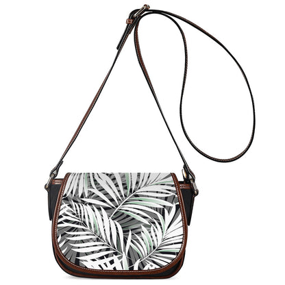 Black White Tropical Leaf Pattern Print Saddle Bag