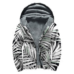 Black White Tropical Leaf Pattern Print Sherpa Lined Zip Up Hoodie
